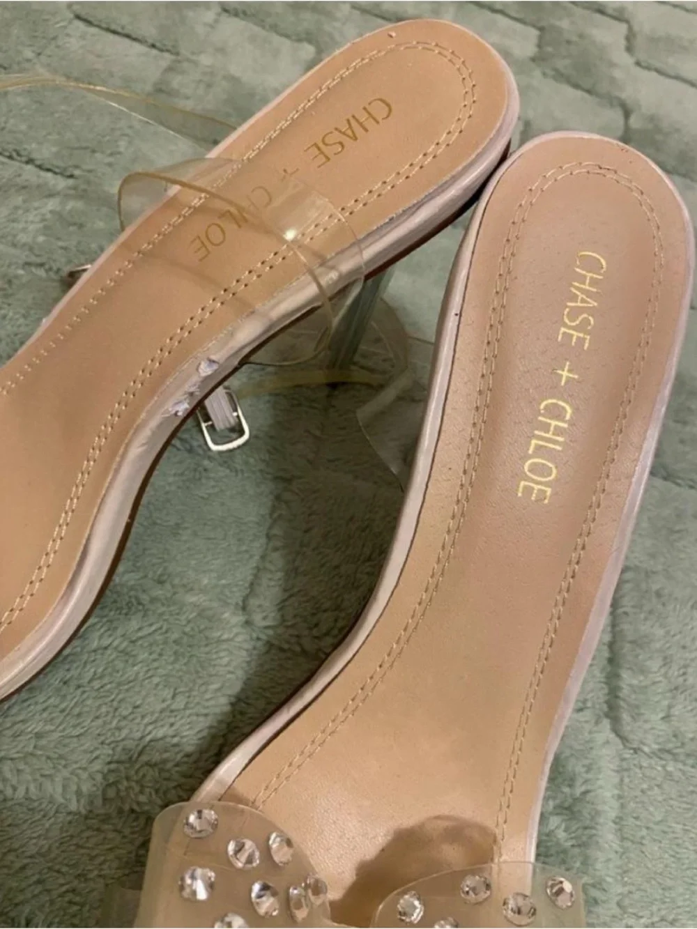 Chase + Chloe Nude Clear Bow Slide Sandals with Crystal Accents